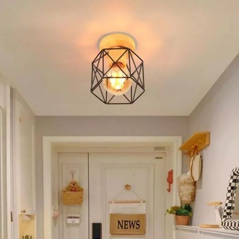 Plafonnier Industriel en Bois Métal Cage Carré,Lustre Abat-jour Fer Luminaire E27 60W Noir pour Salon Chambre (1/4)