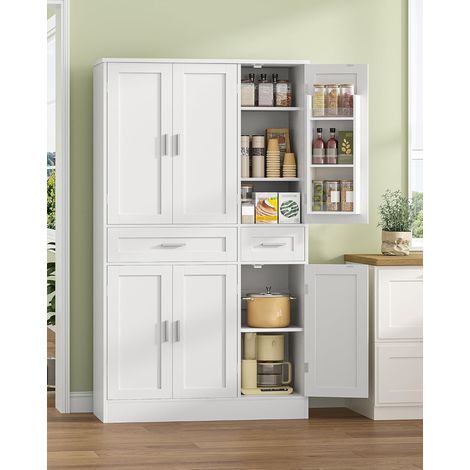 Meuble Cuisine, Buffe Haute avec Porte-étagère 9 Niveaux, Meuble de Rangement avec 6 Portes et 2 Grand Tiroir, Style Moderne, Cuisine, Salon, 40 x 92 x 180 cm, Blanc