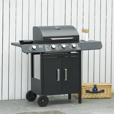 Outsunny Barbacoa de Gas BBQ con 3+1 Quemadores 11,6 KW 2 Mesas Laterales Armario de 2 Puertas Termómetro y 2 Ruedas Acero Inoxidable 110x50x100 cm Negro