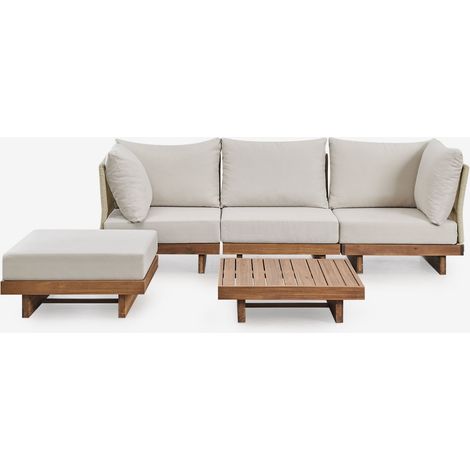 Conjunto de salón con sofá modular de 3 piezas con 2 sillones esquineros, mesa de centro y puff en madera de acacia Dailin SKLUM              (1/5)