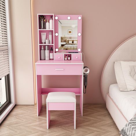 Set da trucco compatto con specchio e illuminazione LED regolabile, presa di corrente, supporto per asciugacapelli e sgabello imbottito - tavolo da trucco con cassetti e ripiano, rosa, L60/H131.5/P38c (1/5)