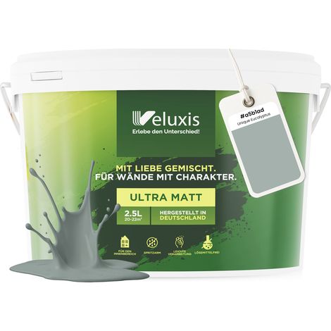 Wandfarbe Grün Grau Hellgrau Matt Innenfarbe – Deckkraft Klasse 1, VOC-frei, Ohne Grundierung, Tropfarm – Wohnzimmer & Schlafzimmer – 2,5L – Veluxis (Unique Eucalyptus)