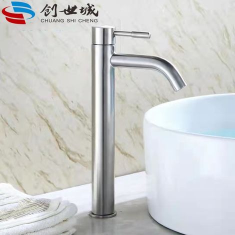 Foreign trade cross-border e-commerce stainless steel tall basin faucet with single cold water spout - brushed curved spout, single cold water, tall.