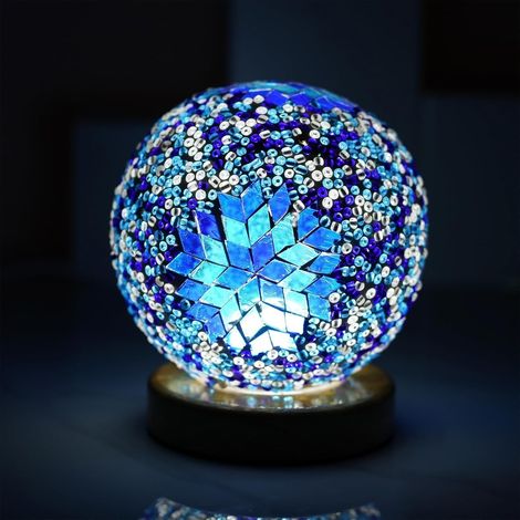 Lámpara de noche boho vintage retro azul, estilo turco-marroquí bohemio Tiffany, de vidrio colorido hecho a mano con base de madera, carga USB, luz decorativa para dormitorio (1/2)