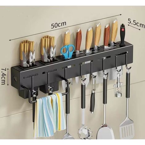 1 pièce Porte-ustensiles cuisine, mural 50 cm, acier carbone + PP, avec porte-serviette, sans perçage, pour cuisine moderne (1/4)