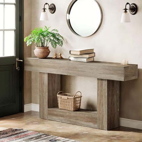 2-stufiger Konsolentisch mit U-förmigen Beinen – 160 x 30 x 82 cm – Eingangstisch – Holztisch – für Wohnzimmer, Flur, Hellgrau