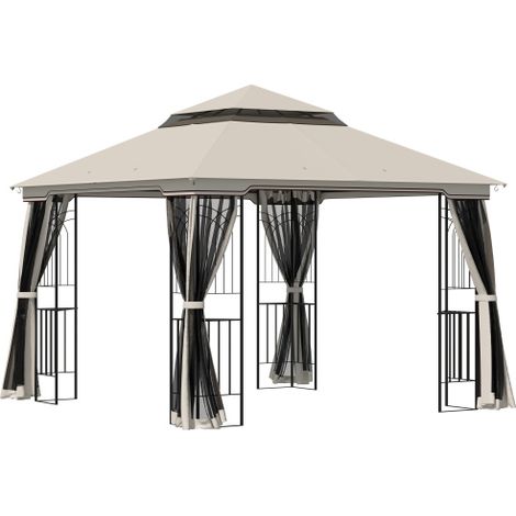 Gazebo da giardino Outsunny, tetto a due piani, tenda per eventi, tenda party, dimensioni 2,99×2,99 metri, con 4 pareti laterali in metallo e poliestere color beige.