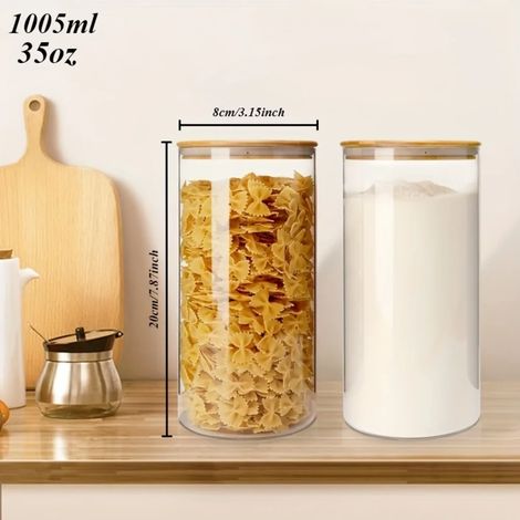 (2 x 35 oz) Bocaux de rangement en verre avec couvercles en bambou, adaptés pour conserver les épices, la farine, les flocons d'avoine, les biscuits et les grains de café dans la cuisine. (1/5)