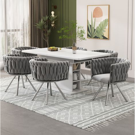 Silla de comedor giratoria de terciopelo gris 59x54x72 cm, lote de 6, moderna FloraGrace (1/5)