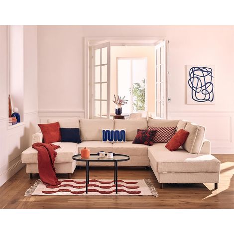 Jake - canapé panoramique d'angle droit 7 places convertible avec coffre en fausse fourrure - beige (1/5)