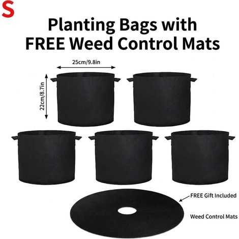 (S 3 gallons 25 x 22 cm, lot de 5) Sacs de culture avec housses de protection offertes Pots de culture robustes en tissu non tissé pour légumes et fleurs (1/4)