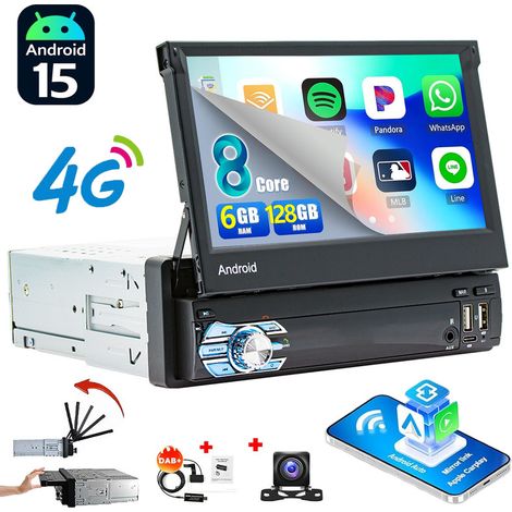 Autoradio Android 15 1 DIN 6Go+128Go 8-Cœurs - Apple CarPlay, 4G, GPS, Bluetooth, Radio RDS - 6+128G DAB+ CAM