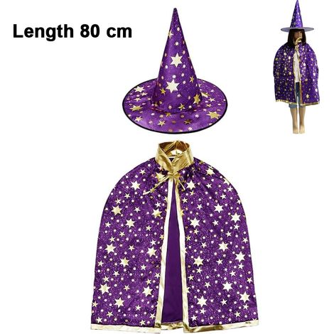 Costume d'Halloween : cape de sorcier, manteau de sorcière avec chapeau à armature, motif pour jeu de rôle d'enfants (1/5)