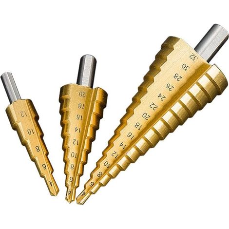 Lot 3 forets étagés coniques HSS acier, mèche échelle 4-12/4-20/4-32 mm, fraise à étages multi-diamètres pour perçage métal, outils de bricolage professionnels. (1/5)