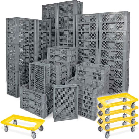 BRB 78 Stück Stapelkörbe/Bäckerkästen in 5 Größen, Grundmaß LxB 600x400 mm, H 90 mm, 150 mm, 240 mm, 320 mm, 410 mm, Farbe grau + 5x Transportroller, gelb