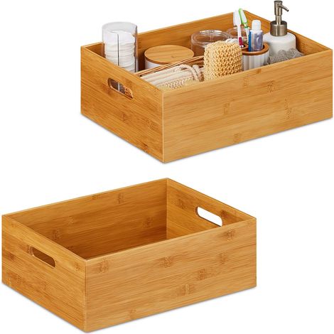 Set of 2 Relaxdays Storage Boxes, Side Handles, For Moving and Transportation, Bamboo, Natural, Medium Size