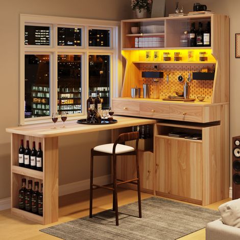 Bureau avec bibliothèque 137x74x177,7cm, LED avec appli, portes vitrées coulissantes, étagères réglables, MDF - Couleur Brun naturel (1/5)