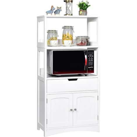 Costway – Armoire de salle de bain avec tiroir et 2 étagères ouvertes – MDF blanc imperméable – Double porte – Rangement pour WC, cuisine, salon (1/5)