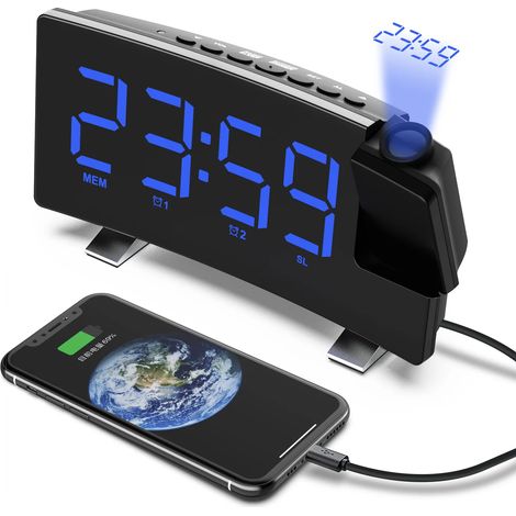 Projection Alarm Clock - Digital, 180° Rotatable Projector, 3-Level Brightness Dimmer,Blue Digit