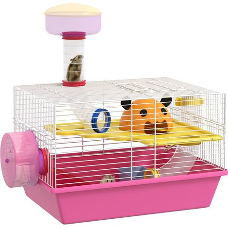 Avec plateforme, roue et biberon, cage à hamster rose 34 x 27 x 25 cm avec maisonnette pour petits rongeurs (1/5)