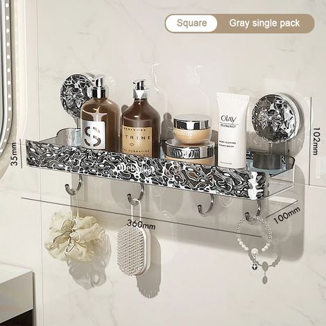(Noir 1-M) Étagère de rangement de salle de bain transparente, légère et luxueuse, murale, non perforée, à ventouses puissantes. (1/5)