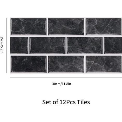 Stickers Adhésive Carrelage Noir 12 pièces pour Salle de Bains et Cuisine, Crédence Cuisine, Imperméables Carrelage Carreaux Adhésif Mural 30 x 15 cm (1/2)