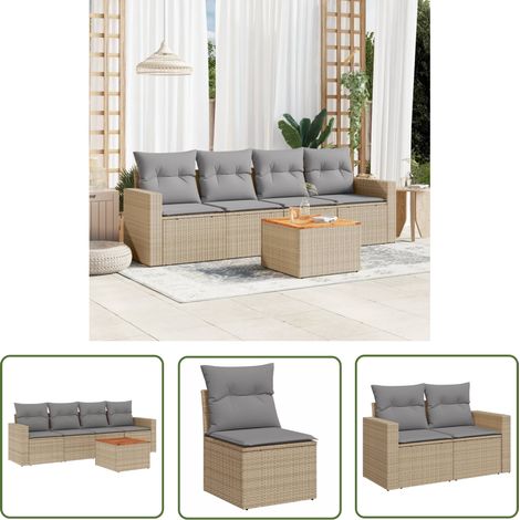The Living Store 5-tlg. Garten-Sofagarnitur mit Kissen Beige Poly Rattan - Gartenmöbel Set - Outdoor Möbel - Rattan Gartenset - Lounge Set - Esstisch Set (1/5)