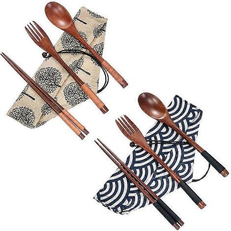 Set aus 2 wiederverwendbaren Reisebestecksets aus Holz: Gabel, Löffel und Essstäbchen. (1/5)
