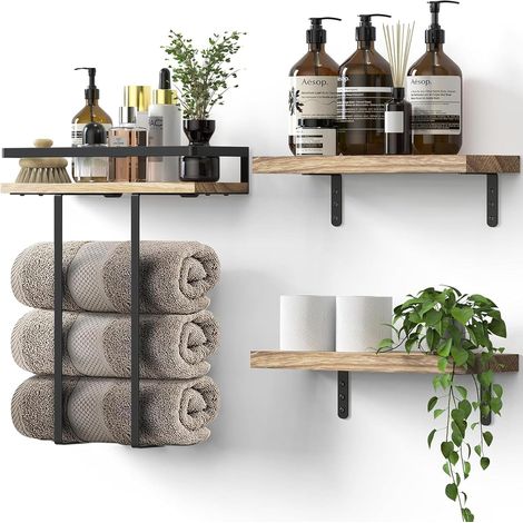 Porte Serviette Mural Salle de Bain Noir Étagère en Bois Ensemble Support Serviette Mural en Acier Inoxydable, Il peut servir à ranger des serviettes, du gel douche, etc (1/5)