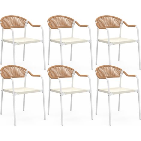 Set di 6 sedie da giardino MADEIRA in metallo bianco con cordoncino in textilene beige e rattan chiaro