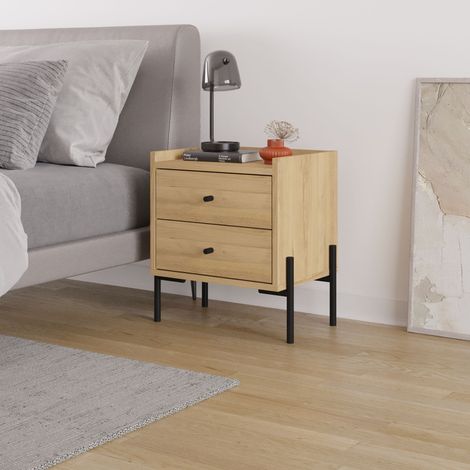 Decortie table de nuit Malte chêne moderne avec 2 tiroirs, pieds en métal, 48.6 cm, meuble de rangement pour chambre à coucher (1/5)
