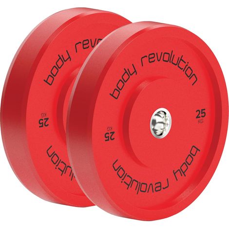 Lot de 2 disques bumper rouges de 25kg – codés IWF – diamètre 45cm – gomme haute densité – anneau inox – compatibles barre olympique 2” – parfaits pour la musculation