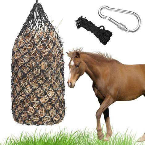 Filet à foin pour chevaux - Grand - Avec anneaux et mousquetons - 100 cm - Maillage 5 x 5 cm - Noir