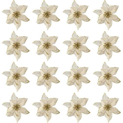 16 pièces de fleurs artificielles dorées simulées, en poudre, pour sapin de Noël, guirlande, accessoires de bricolage (dorées)-14X14cm-Golden (1/2)