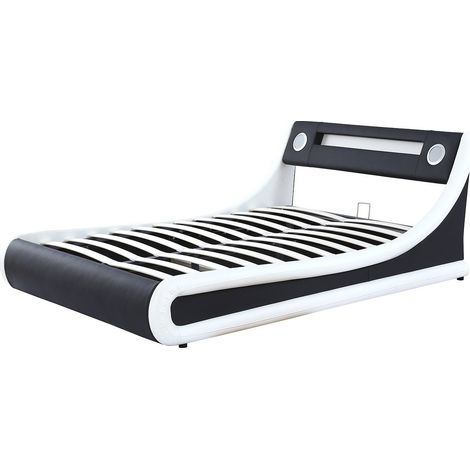 Lit double contemporain 160x200 avec haut-parleurs intégrés Bluetooth – Tête de lit LED – Coffre de rangement – Simili cuir noir et blanc – Meubler Design (1/5)