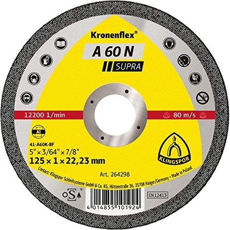 Klingspor – Disques à tronçonner 264298 – Type A 60 N – 125 x 1 x 22,23 mm – Coupe nette pour béton armé (1/3)