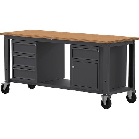 Banco lavoro con ruote SOGI X3N121LR - 2 m - piano in legno - 3 cassetti + anta e cassetto (1/4)