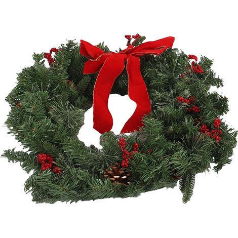 Couronne Noël artificielle avec guirlande LED – PVC lumineuse nœud rouge pommes pin porte avant déco fête vacances, décoration (1/4)