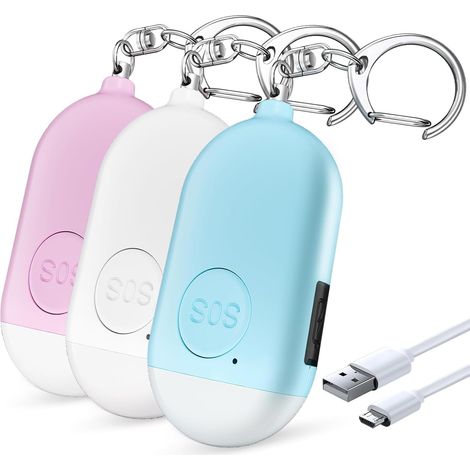 Alarme de sécurité personnelle - Lot de 3 - Rechargeable - Lampe torche LED stroboscopique - Alarme SOS - Porte-clés d'autodéfense (1/5)