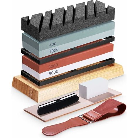 Kit de Pierre à Aiiser, grain double face 400/1000 et 3000/8000 pierre a aiiser professionnel avec Base en Bambou Antidérapante, Pierre à Aplatir, ide d'angle et Lanière en Cuir (1/5)