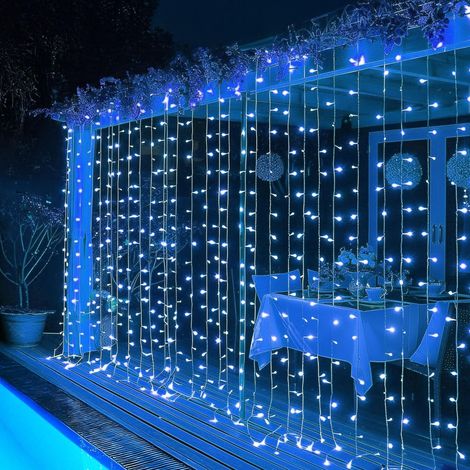 Guirlande lumineuse rideau 300 LED, guirlande féérique de Noël pour chambre avec 8 modes d'éclairage, étanche et connectable, idéale pour fenêtres, fêtes, mariages, jardin et décoration murale, bleue (1/5)