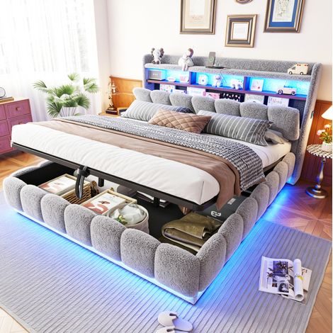 Bettgestell 180x200 cm grau aus Stoff und Metall mit LED-Lichtleiste, USB-Anschluss und Stauraum (1/5)