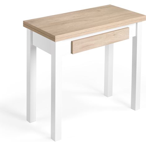 Herdasa, Mesa de cocina extensible, modelo LIV, en melamina y metal, 77x80x40cm, roble-blanco