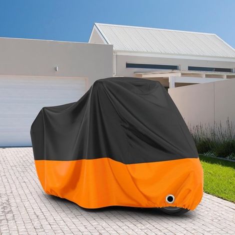 Funda impermeable para motocicleta，265x105x125cm，Lona para exteriores para motocicletas，Impermeable para motocicleta，Negro y naranja (1/3)
