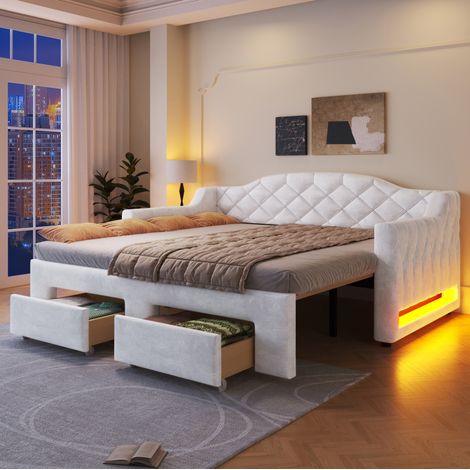 Letto da giorno imbottito bianco 90x200/180x200 cm con LED laterali, 2 cassetti e rete a doghe