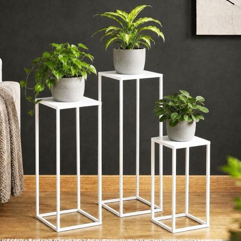 DanDiBo Tabouret de fleur Métal Blanc Angulaire Support de fleur Table d'appoint 96482 Lot de 3 Colonnes de fleurs Moderne Support de plante Tabouret de plante (1/5)