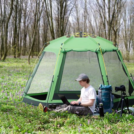 Tente dôme famille 6 personnes - faux cuir - acier fibre verre - 320×320×180cm - vert - festival trekking - montage facile - étanche 2000mm