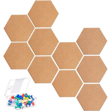 10Pcs Panneau de Liège Hexagonal, Tableau D'affichage Bricolage Auto-adhésif Tableau de Messages D'application Multifonctionnelle pour Le Bricolage - avec 40pcs Pins Colorés (1/5)