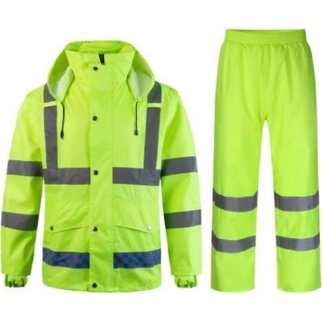 Homme 2 Pièces Combinaison de Pluie Imperméable à Capuche Haute Visibilité Vetement de Travail Homme Ensemble Pantalon de Pluie et Veste Coupe-Vent (1/5)