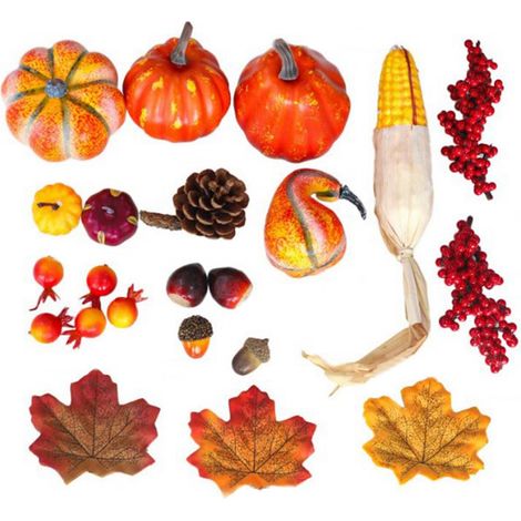 49 Herbstliche Kürbisdekorationen: Lebensechte künstliche Kürbisse, Tannenzapfen, Haselnüsse, Mais, rote Beeren, Ahornblätter, Modelle (1/5)